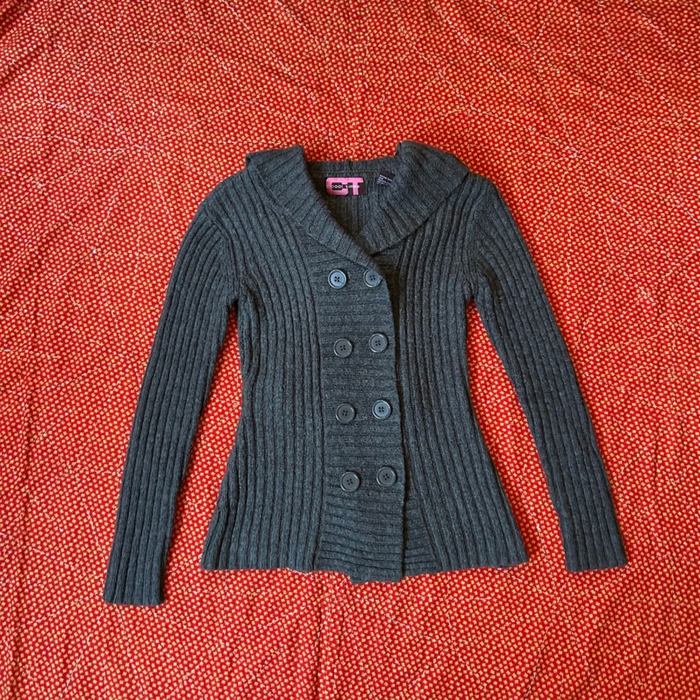 Cool Times Vtg 2000s Grey Ribbed Knit Double Breasted Hooded Cardigan Sweater M